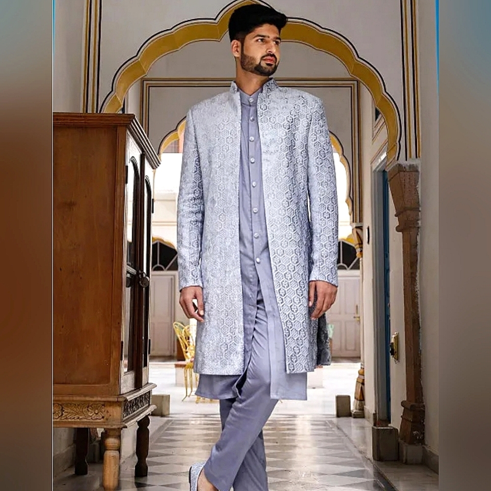 Velvety Light Blue Embroidered Open Jacket Sherwani
